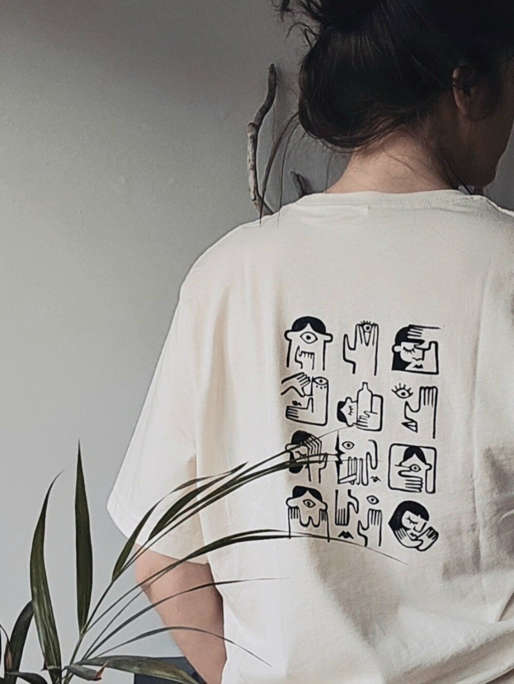 Boxy Cut Cream Top - Linocut Print